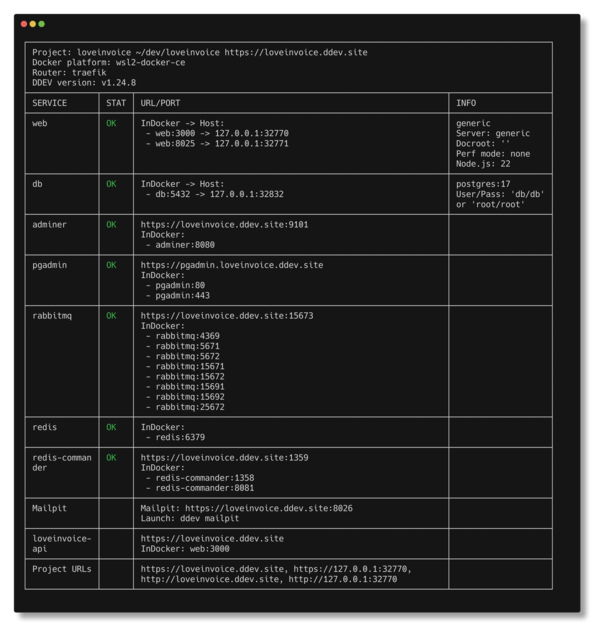 A screenshot of the ddev describe command output showing various services and their ports