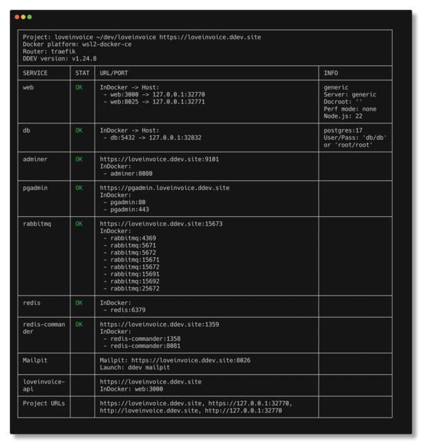 A screenshot of the ddev describe command output showing various services and their ports