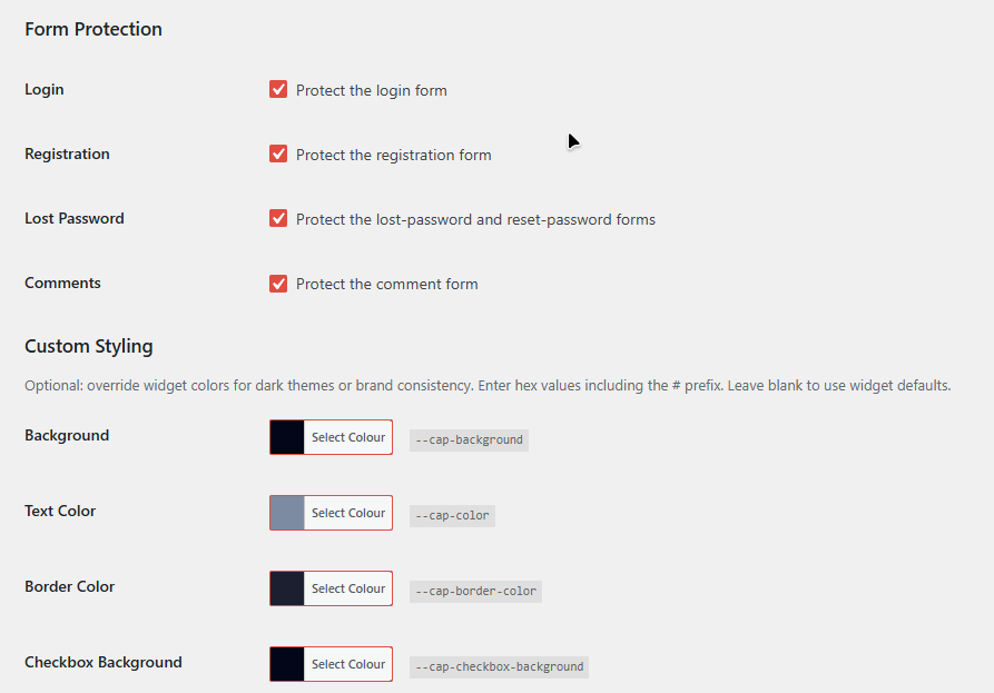 A screenshot of the admin panel of the Cap Captcha WordPress plugin